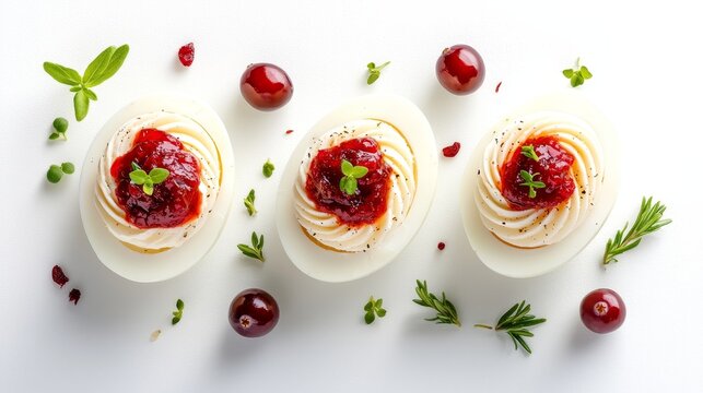 Assorted deviled eggs decorated with fresh herbs and cranberries, top view, festive arrangement, photorealistic, isolated on white background