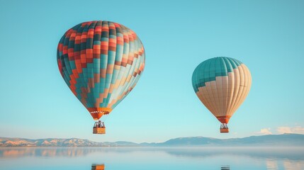 Fototapeta premium Balloons fly over sea on clear day for travel, vacation, or adventure images