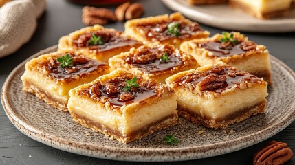 Assorted maple pecan bars neatly arranged, garnished with a drizzle of maple syrup and fresh herbs, set on a textured ceramic plate