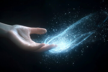 Magical Hand Touching a Stream of Energy in a Dark Futuristic Background