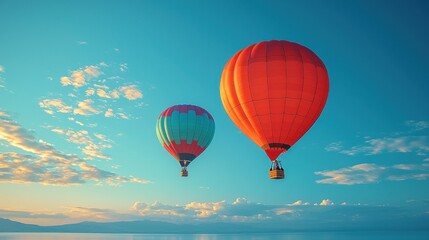 Obraz premium Balloons soar over sea in sunset. Travel adventure, dream, freedom, and leisure
