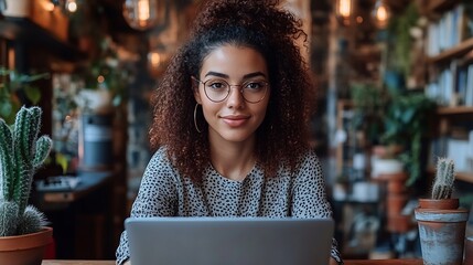 Woman of diverse background working on her laptop engaged in communication and coding for her small business with a stylish and organized setup