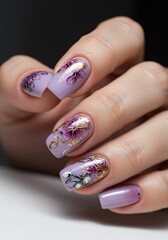 Exquisite Lavender Nail Art with Delicate Floral Designs