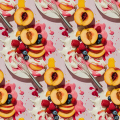 juicy fresh peaches, berries, whisk and cream on a plate, splashes of juice, 2x2 seamless pattern