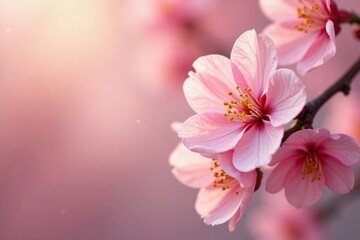 Obraz premium Soft peach fuzz falls gently on delicate cherry blossom petals, flowers, soft pink