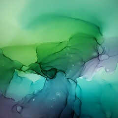 Abstract green and blue watercolor fluid ink splash painting texture organic artistic background with liquid flowing forms