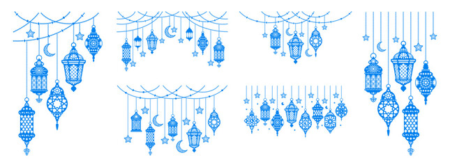Set of eastern holiday decorations, garland with hanging arabic lanterns, crescents, stars. Arabian traditional lamps with patterns. Ramadan lantern, flat design silhouette. Vector illustration © Pagina