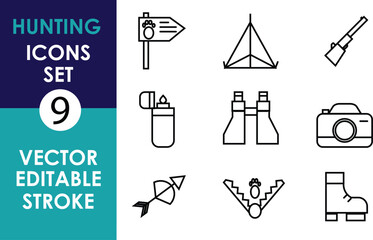 A set of 9 hunting icons in vector line art style: signpost, tent, rifle, lighter, binoculars, camera, arrow, animal tracks, and boot