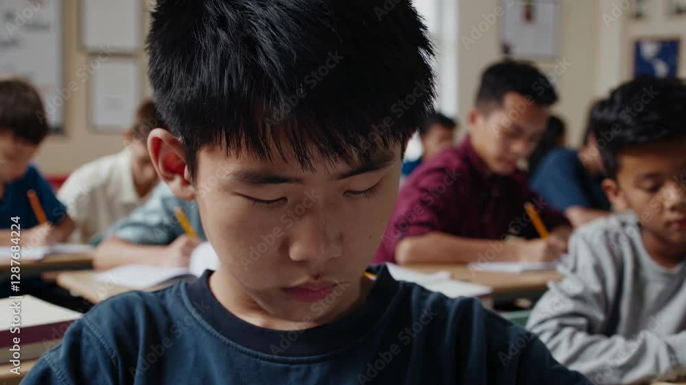 Poster close-up video shot of a focused student in a classroom setting, capturing concentration and depth, 