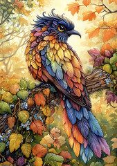 Obraz premium Fantasy Bird with Woman's Head and Elaborate Feathers in a Mythical Setting