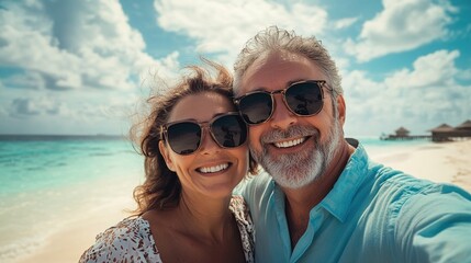 Cinematic photograph of an attractive middle-aged couple on vacation, posing for the camera and smiling while wearing sunglasses.