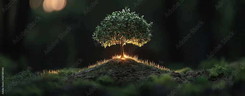 Poster a small illuminated tree stands on a mound, surrounded by soft greenery, creating a serene and encha