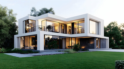 Modern house, evening light, trees, garden, real estate