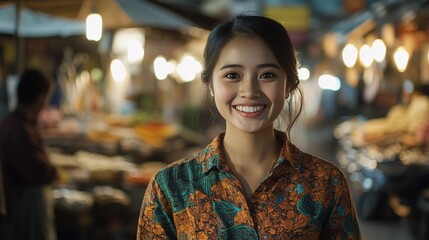 Obraz premium Cinematic shot of a happy young woman in a batik shirt, smiling at the camera. 