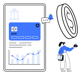 Mobile banking app interface on smartphone screen with card details, notifications, and analytics chart. Woman holding a purse and shopping bags next to a coin symbol. Ideal for digital finance