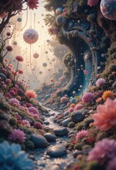 Obraz premium Serene Stream Flows Through a Magical Flower Garden Past Futuristic Architecture