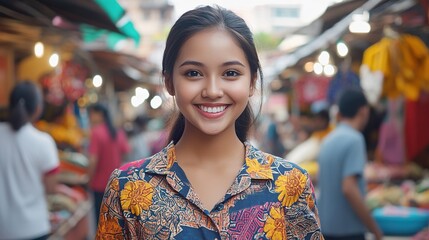 Cinematic shot of a happy young woman in a batik shirt, smiling at the camera. 
