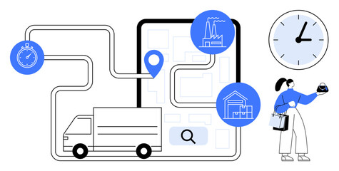 Truck following a GPS route on a map with icons of a factory and store. Clock and stopwatch indicate time. Shopper holding phone. Ideal for logistics, delivery, retail, e-commerce, time management