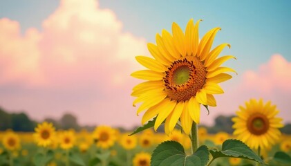 Obraz premium Majestic sunflower dominates the scene with its bright yellow petals against a backdrop of soft pink clouds, soft, yellow, bright
