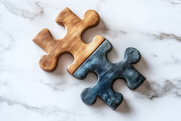 Obraz premium Wooden and marble puzzle pieces, conceptual metaphor, unity and connection