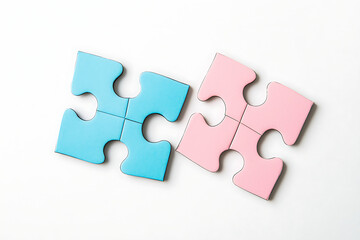 Fototapeta premium Minimalist design of two interlocked blue and pink puzzle pieces on a white background, concept of unity and connection