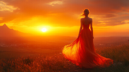 Fototapeta premium A woman in a flowing red gown silhouetted against a breathtaking sunset, feeling the warmth of the golden hour embrace her as she stands atop a hill overlooking a vast landscape.