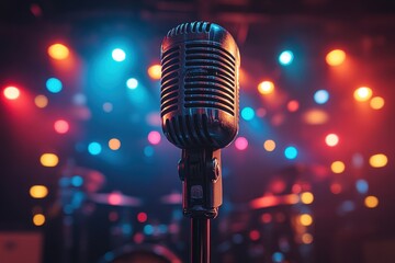 Vintage microphone stands ready for a live music performance in a vibrant venue filled with colorful lights