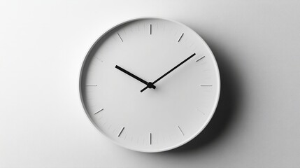 A modern wall clock with a white face and minimalist black hands, isolated on a white background 