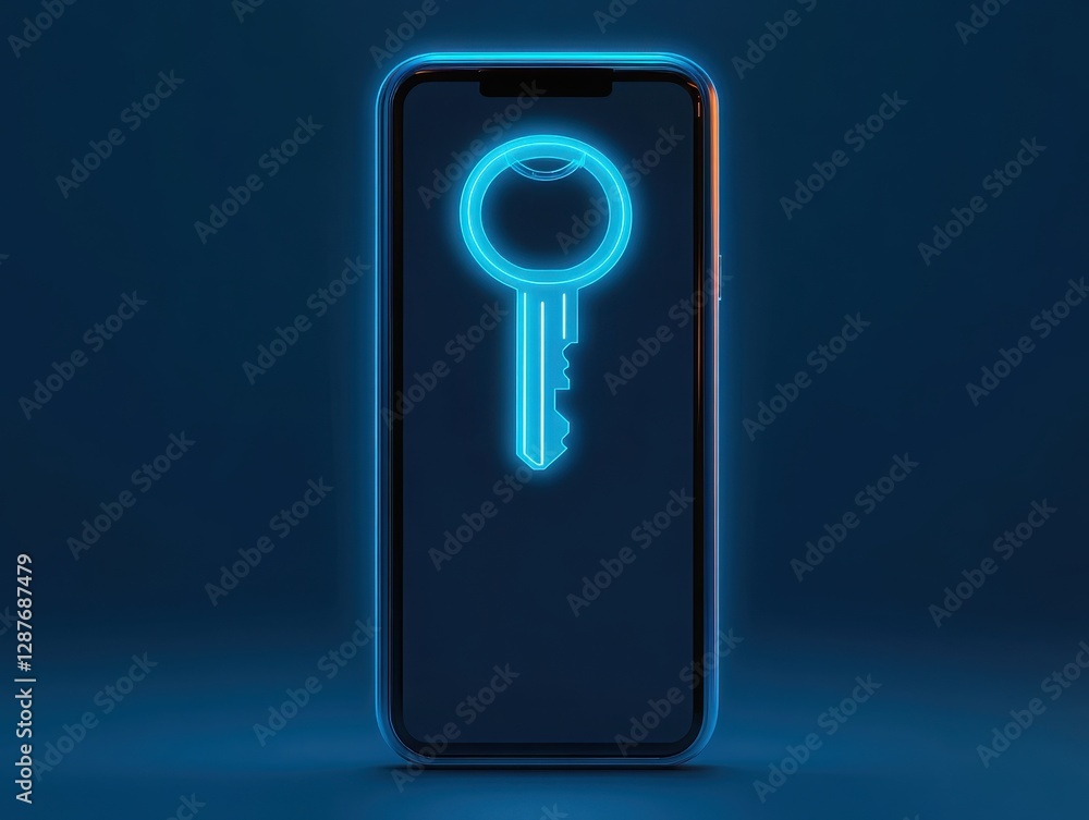 Poster a futuristic smartphone displaying a glowing blue key symbol on its screen, representing digital sec