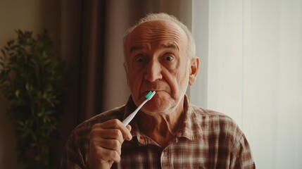 Dementia symptoms in an elderly man confused by everyday routines. Featuring forgetfulness and struggle