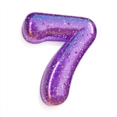 Number 7 made of glossy purple slime with holographic glitter particles suspended inside isolated on a clean white background