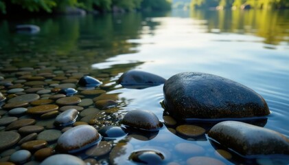 Fototapeta premium River rocks and pebbles on the calm Elbe water, waves, stones, calm