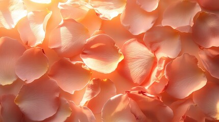 2.A soft bed of delicate rose petals scattered across a smooth pastel peach background, illuminated by warm, diffused light, with subtle shadows enhancing the depth of the petals.