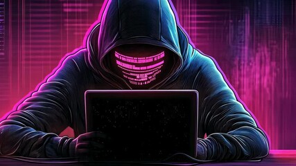 A hooded figure sits in front of a laptop, surrounded by vibrant pink and blue digital patterns, evoking a sense of mystery and cyber intrigue.
