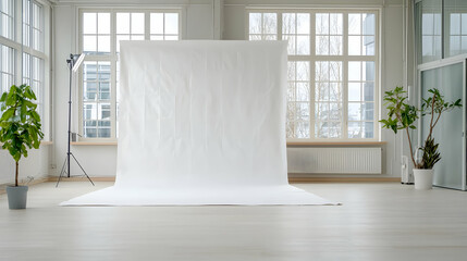 White backdrop studio photography room, plants, windows