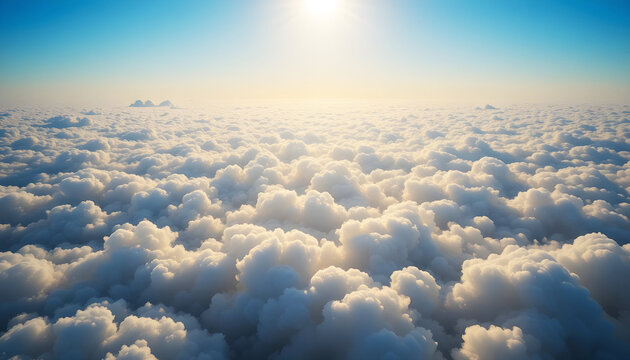A breathtaking aerial view from high above the clouds, with endless fluffy white clouds stretching into the horizon