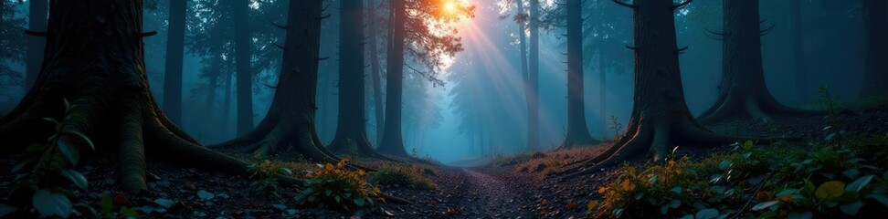 Soft luminescence casting an eerie glow on forest features, glow, forest