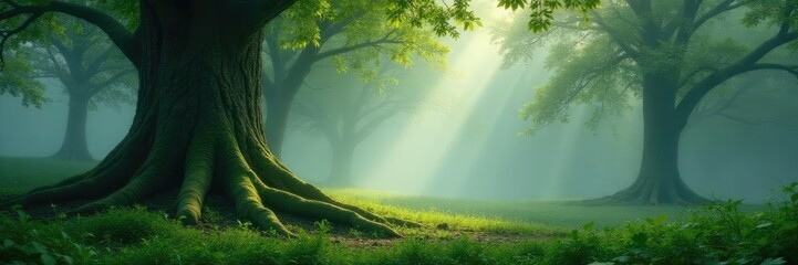 Soft mist surrounds ancient tree trunks, lush greenery, trees, atmosphere, peaceful