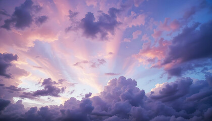 An evening sky filled with multi-colored clouds, transitioning from deep blue at the bottom to purple, pink, and golden 