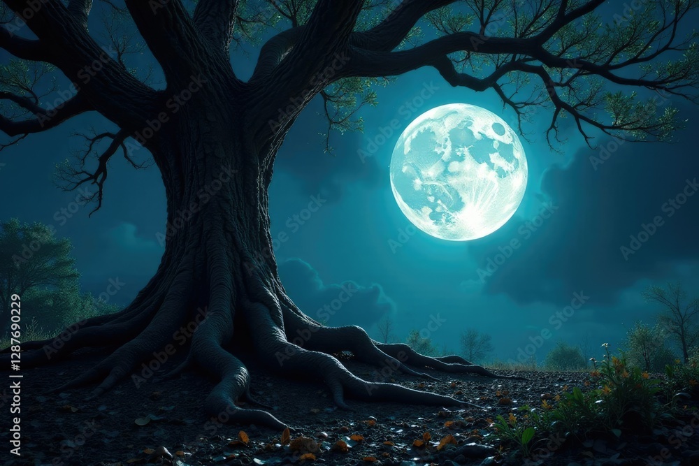 Poster twisted tree roots reach towards the light of a full moon peeking through the dark and foreboding fo