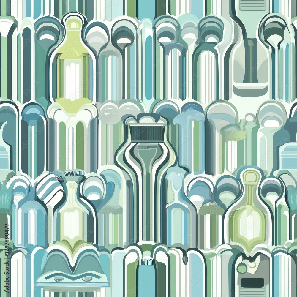 Poster abstract bottles seamless, vertical pattern showing rows of light blue, green and white objects