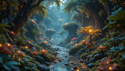 Enchanting Fantasy Forest River Scene with Glowing Plants and Magical Trees