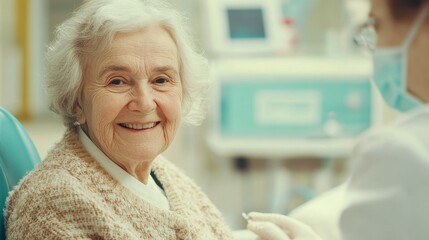 Cheerful Senior Woman's Dental Checkup A Smiling Portrait of Oral Health and Care in Clinic, Capturing the Essence of Elderly Well-being, Comfortable Dental Visit, Professional Dentist Interaction