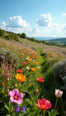 Obraz premium Upland heath with colorful blooms amidst grasses and shrubs, blooms, shrubs