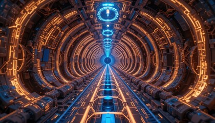 Obraz premium Futuristic Sci Fi Tunnel Corridor with Orange and Blue Neon Lights Digital Art Abstract Technology Background