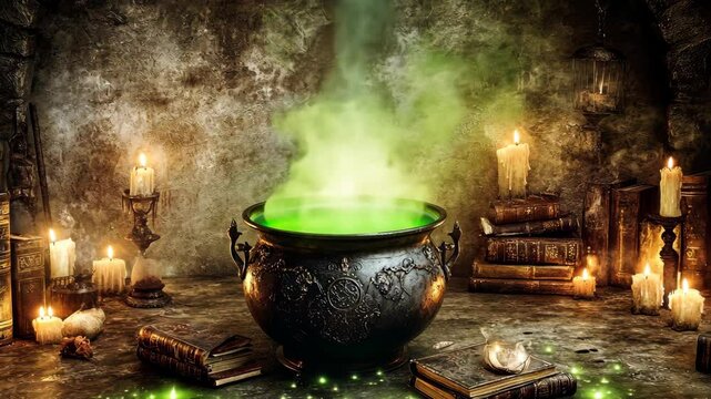 Mystic cauldron bubbles in a dark, enchanted chamber filled with ancient books and flickering candles during a moonlit night