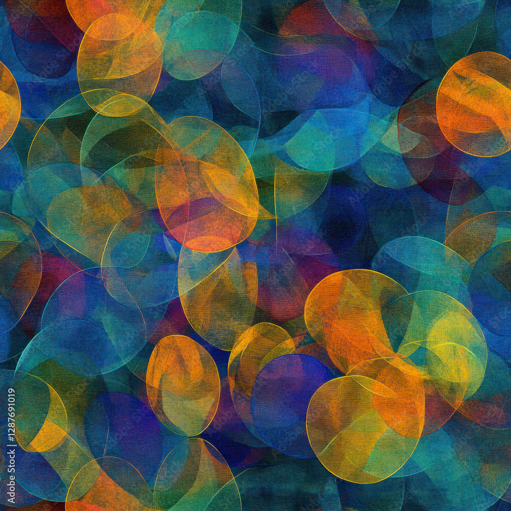 Poster abstract bubbles overlapping with orange and blue tones on a dark textured background