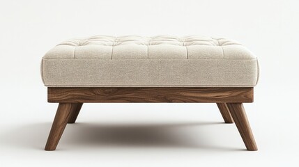 A neutral-toned ottoman with a plush cushion top and wooden legs, isolated on a white background 
