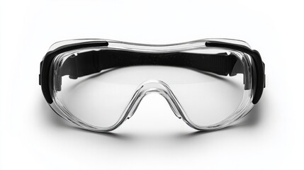 A pair of black safety goggles with clear anti-fog lenses, isolated on a white background 
