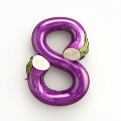 Number 8 made of fresh purple eggplant slices with glossy skin and soft white flesh isolated on a clean white background